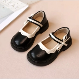 Autumn New Girl Leather Shoes Bowtie Black Beige School Causal Children Flat Elegant Round Toe Fashion Patchwork Kids Mary Janes