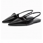 Slingback Flat Bottom Women Sandals Summer Black Leather Pointed Woman Ballet Shoes Fashion Low-heel Woman Shoes