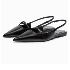 Slingback Flat Bottom Women Sandals Summer Black Leather Pointed Woman Ballet Shoes Fashion Low-heel Woman Shoes