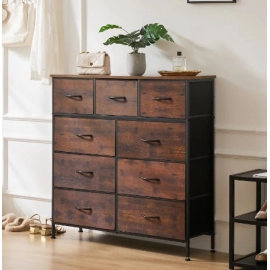 Dresser For Bedroom With 9 Fabric Storage Drawer Wardrobe Tall Chest Organizer Closet Adult Kids Clothes Wood Cabinet Furniture
